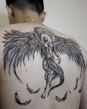 Angel Sketch Style Back Tattoo