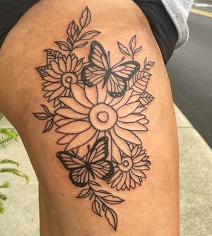 2 Sunflower and butterfly thigh tattoo