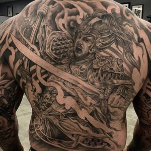 Full back Asian warrior piece.  Done in like 4-5 sessions.  