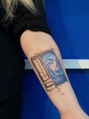 Door to universe, cosmos space and line work on inner forearm