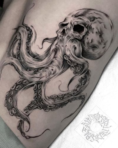 Dark and detailed black-and-gray design by Alejandro Gonzalez on the ribs, featuring an octopus and skull motif.