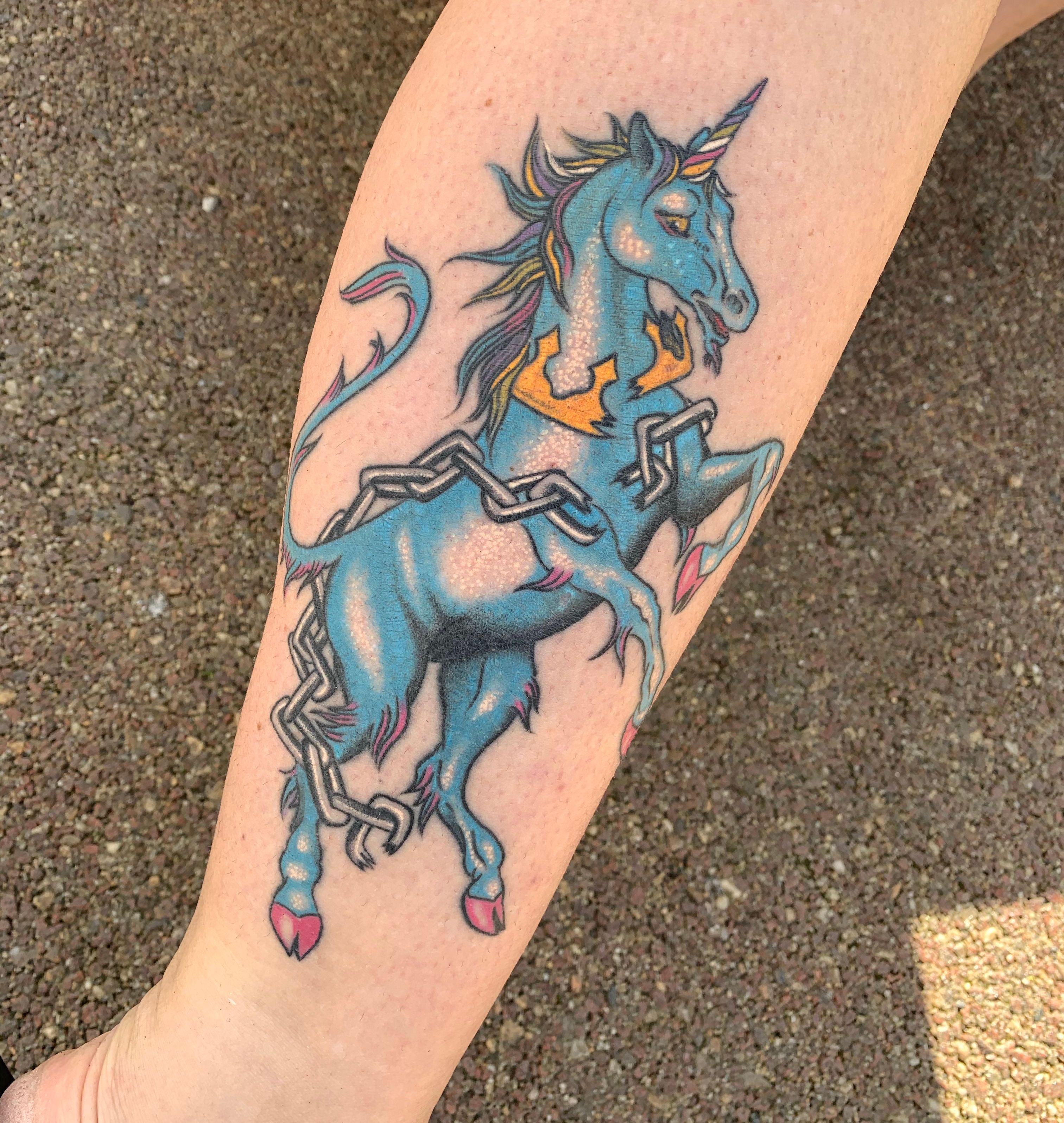 Unicorn tattoo by Sol Amstutz at Dreams Collide Tattoo in Lancaster, PA  #evamigtattoos #tattoo - Imageix