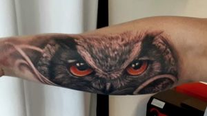 Realistic owl with red/orange eyes. 