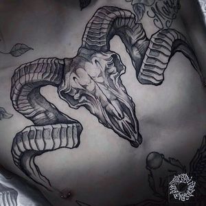 Get a unique black and gray tattoo of a skull with horns by tattoo artist Alejandro Gonzalez. Perfect for chest placement.