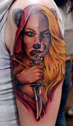 And in the end she was the wolf all along #redridinghood #grimmfairytales #color #twistedtales #halfgirl #halfwolf #armpiece #facemorph #beautifulmonster #girly #lilred #wolfgirl #animorph