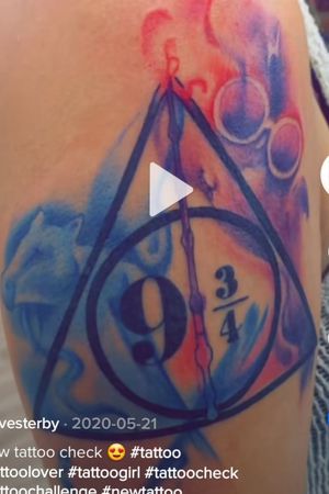 Harry Potter Deathly Hallows 9 3/4 Water Color Arm Tattoo