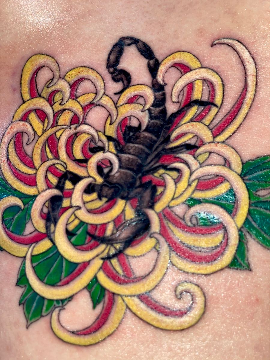 Tattoo uploaded by Harriet Street • Chrysanthemum and Scorpion • Tattoodo