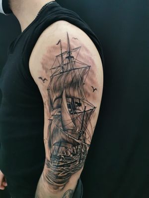 sailing ship Tattoo by Ouzotattooartist 