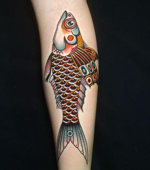 Get a stunning illustrative fish tattoo on your forearm in London, UK. Expertly designed for a unique and artistic look.