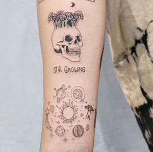 Embark on a cosmic journey with this fine line tattoo featuring planets, world, and spaceship. Perfect for space enthusiasts in Los Angeles.