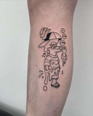 Fine line tattoo featuring a stylish girl in glasses and a cap, by tattoo artist Galen Bryce (aka Drip Skull).