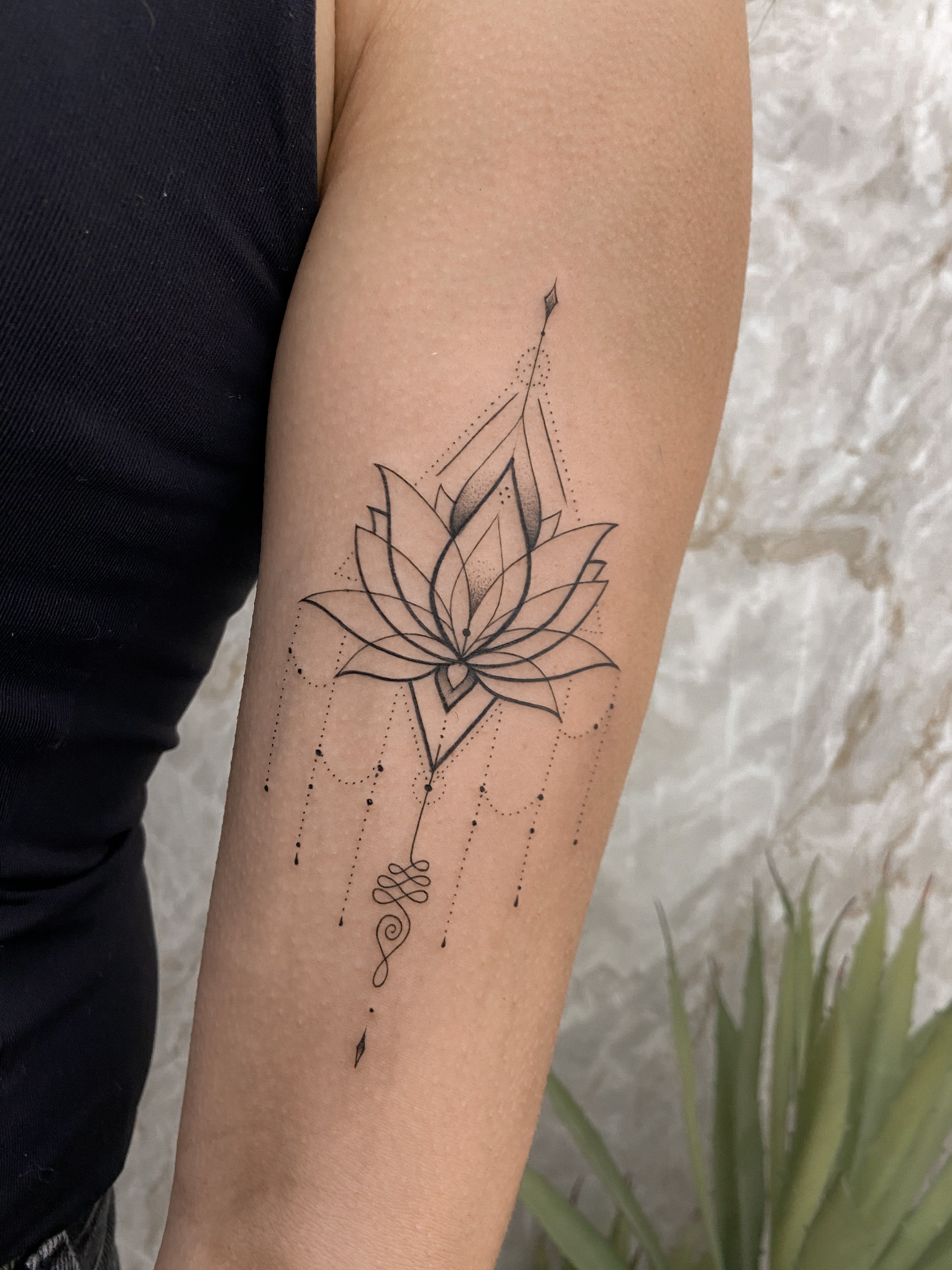 Japanese Lotus Flower with Triangles, Minimalist Tattoo Yoga Style