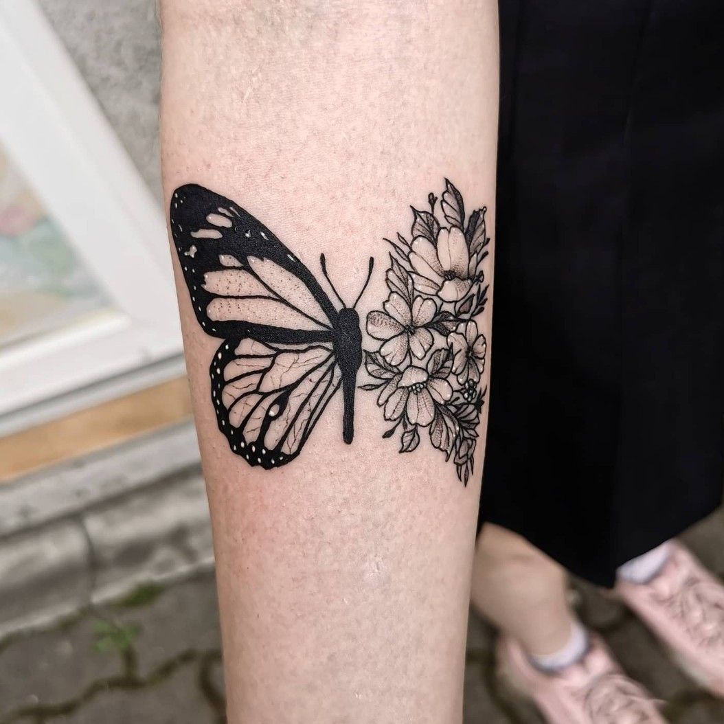 Tattoo uploaded by Ciera • Butterfly on a Plant tattoo #color #flowers •  Tattoodo