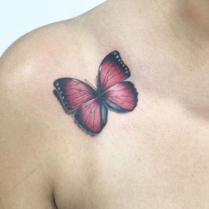 Elegant and detailed illustrative butterfly tattoo on the shoulder, created by the talented artist Raa.