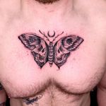 Get a stunning black and gray chest tattoo of a moth intertwined with a skull by renowned artist Sandro Secchin. Perfect combination of beauty and darkness.