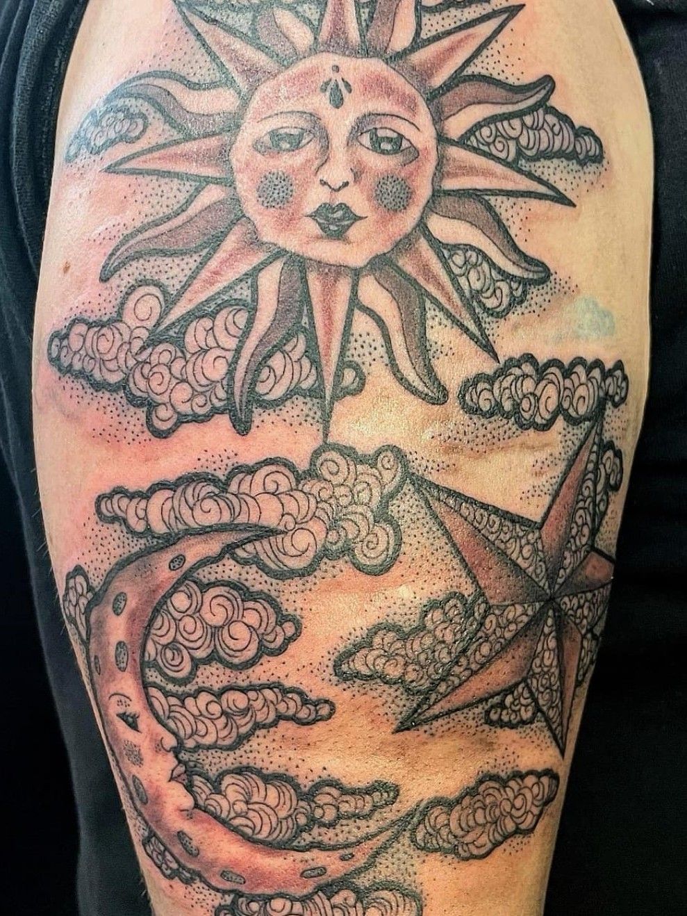Shoulder Arm Flower Dotwork Sun Moon Tattoo by Cia Tattoo