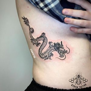 Dragon Linework Tattoo by Kirstie @ KTREW Tattoo - Birmingham, UK #dragon #linework #birminghamuk #tattoo #ribs 