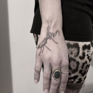 Illustrative tattoo by Jesus Antonio #JesusAntonio #illustrative #fineline #chicano #blackandgrey #prayingmantis #insect #hand