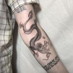 Illustrative tattoo by Jesus Antonio #JesusAntonio #illustrative #fineline #chicano #blackandgrey #dragon 