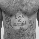 Illustrative tattoo by Jesus Antonio #JesusAntonio #illustrative #fineline #chicano #blackandgrey #lettering #stomach
