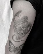 Illustrative tattoo by Jesus Antonio #JesusAntonio #illustrative #fineline #chicano #blackandgrey #skull #snake #reptile
