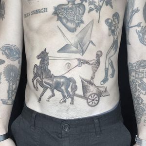Illustrative tattoo by Jesus Antonio #JesusAntonio #illustrative #fineline #chicano #blackandgrey #horse #chariot #skeleton #crane #papercrane