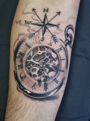 Clock and compass done the other day !#clock #compass #blackandgrey #forearm #realism 