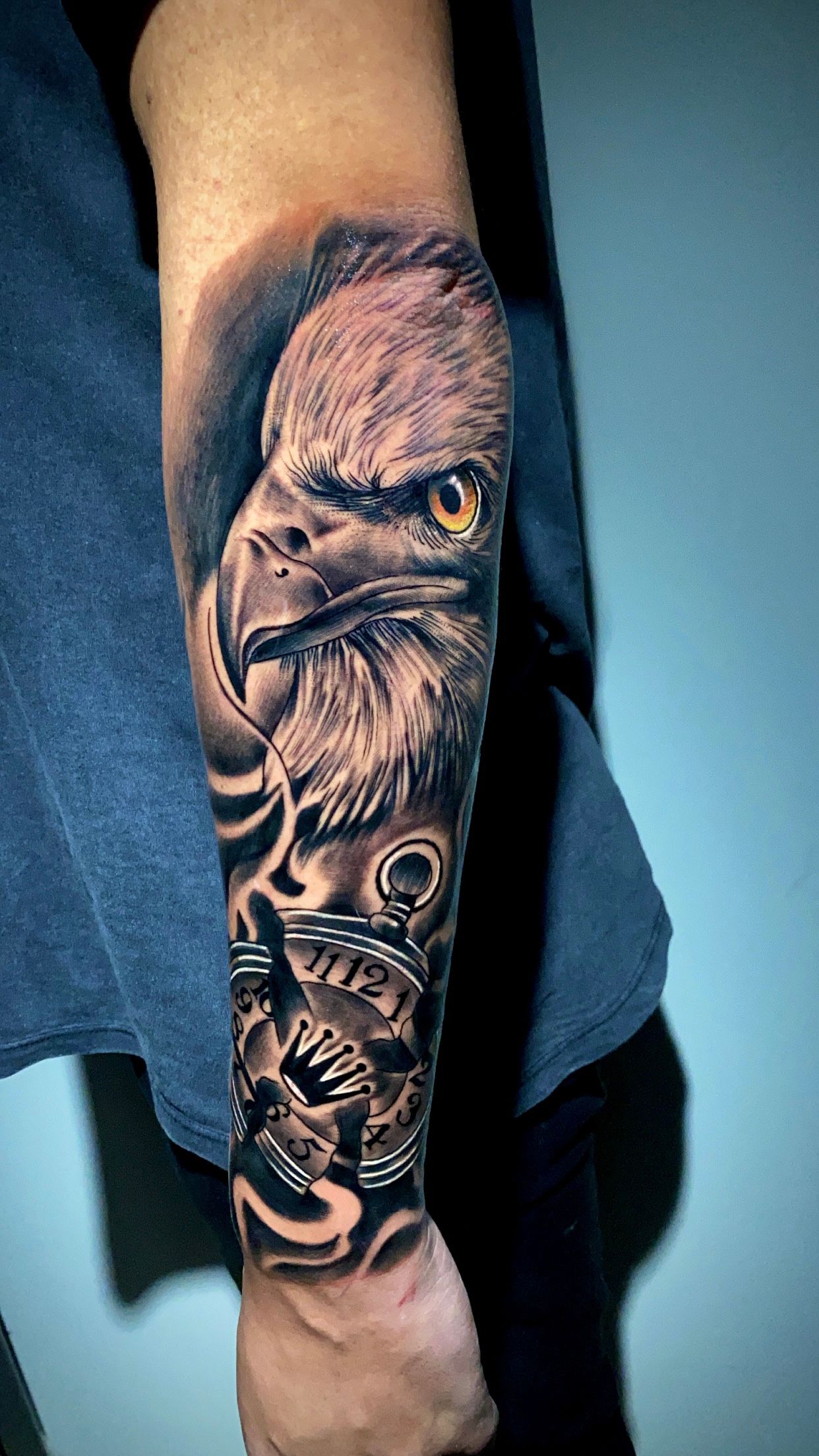 Wonderful Open Winged Tribal Eagle Tattoo On Half Sleeve