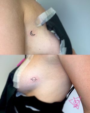 Hand-Poked Moon & Saturn Matching Tattoo by Pokeyhontas @ KTREW Tattoo - Birmingham, UK #handpoke #moon #saturn #handpoked #tattoo #matchingtattoo