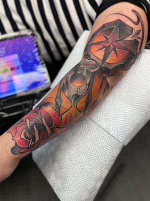 Neotraditional sleeve in full color in progress by resident artist Bookings through DM or website:www.crimsontalestattoo.co.uk#hourglass #hourglasstattoo #compass #compasstattoo #windrose #windrosetattoo #rose #rosetattoo #neotraditionaltattoo #neotraditionalsleeve #sleeve #sleevetattoo #fullcolortattoo