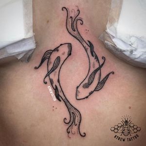 Koi Sternum Tattoo by Kirstie @ KTREW Tattoo - Birmingham, UK #koi #koifish #sternum #birminghamuk #blackwork #fish #illustrativetattoo
