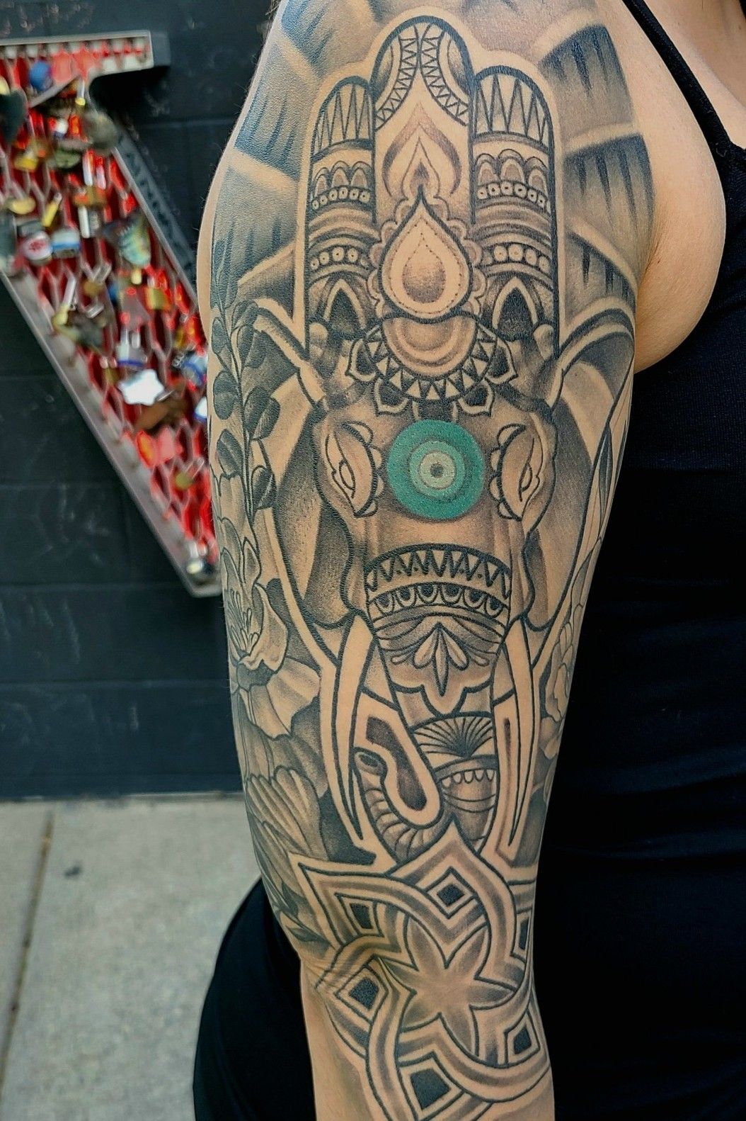 Beautiful hamsa tattoo added to Jens sleeve we are currently working on.  This one is all healed. #blackandgreytattoo #thirteenrosestattoo... |  Instagram