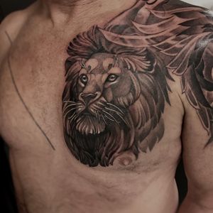 Lion chest piece with dragon on shoulder.#liontattoo #lion #neotrad #illustration