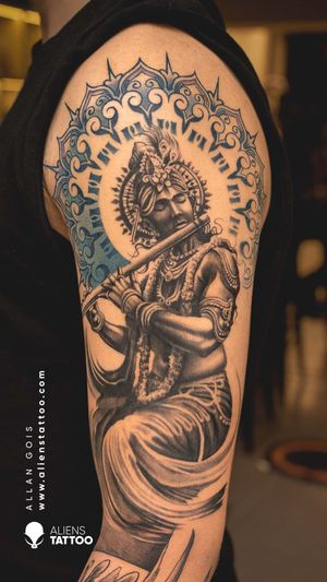 Check out this amazing full sleeve Krishna tattoo at Aliens Tattoo India. 
If you wish to get this tattoo visit our website - www.alienstattoo.com