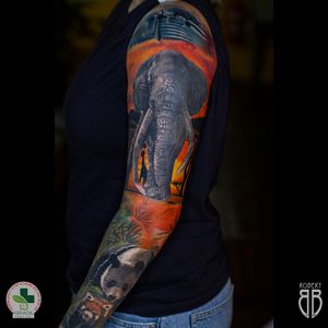 Full sleeve animals color tattoo combined with black and gray. Sponsored by Kenoil CBD aftercare