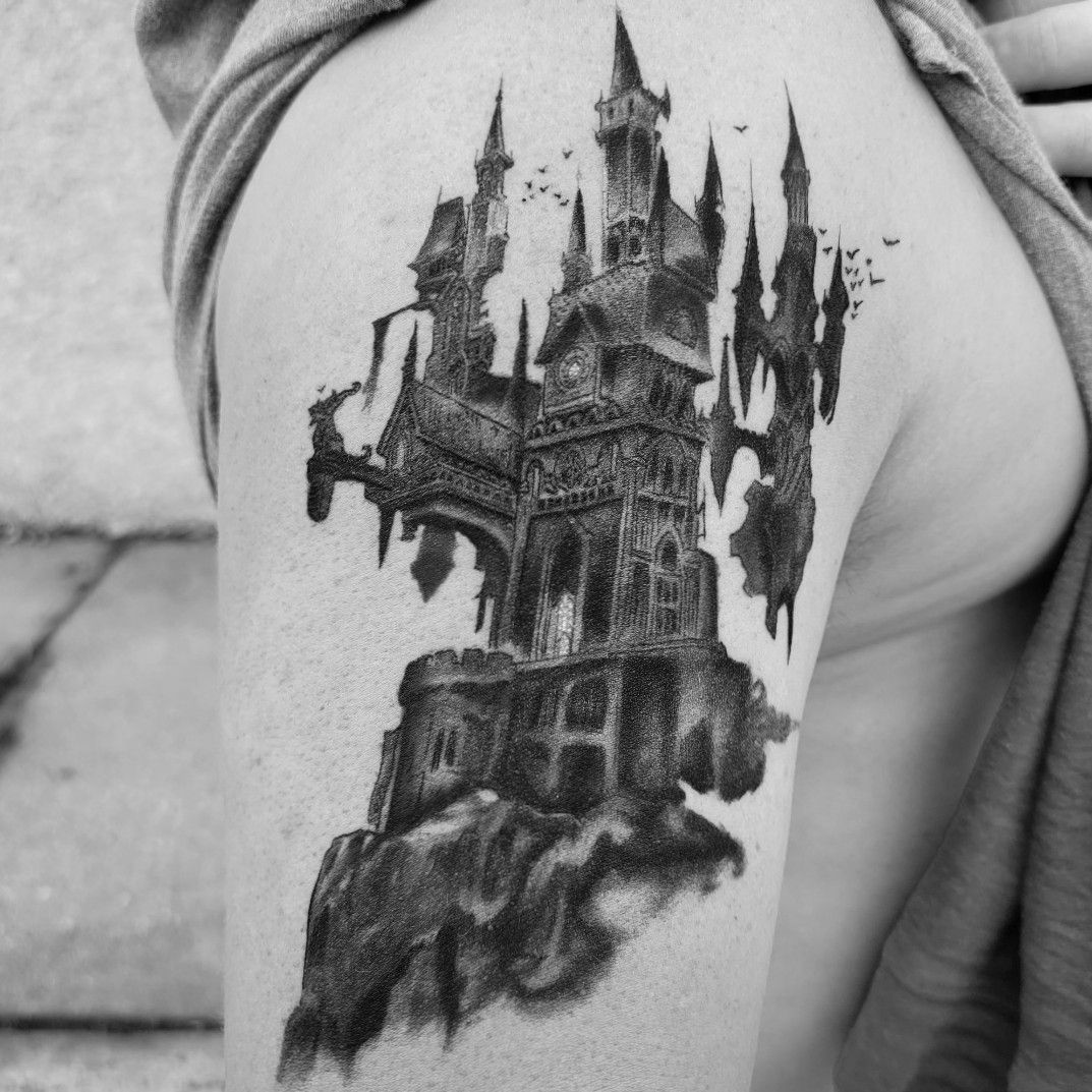 Azarja van der Veen on Twitter Finished step 1 of this sketchy topsy  turvy Draculas castle on another one of my badass friends joeyg973  tattoo tattoos castle sketch sketchy tattooer lines dracula 