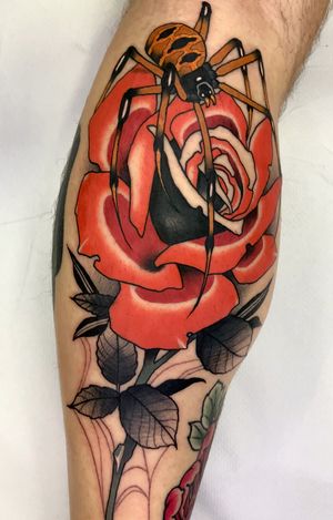 Classic Rose and spider tattoo 