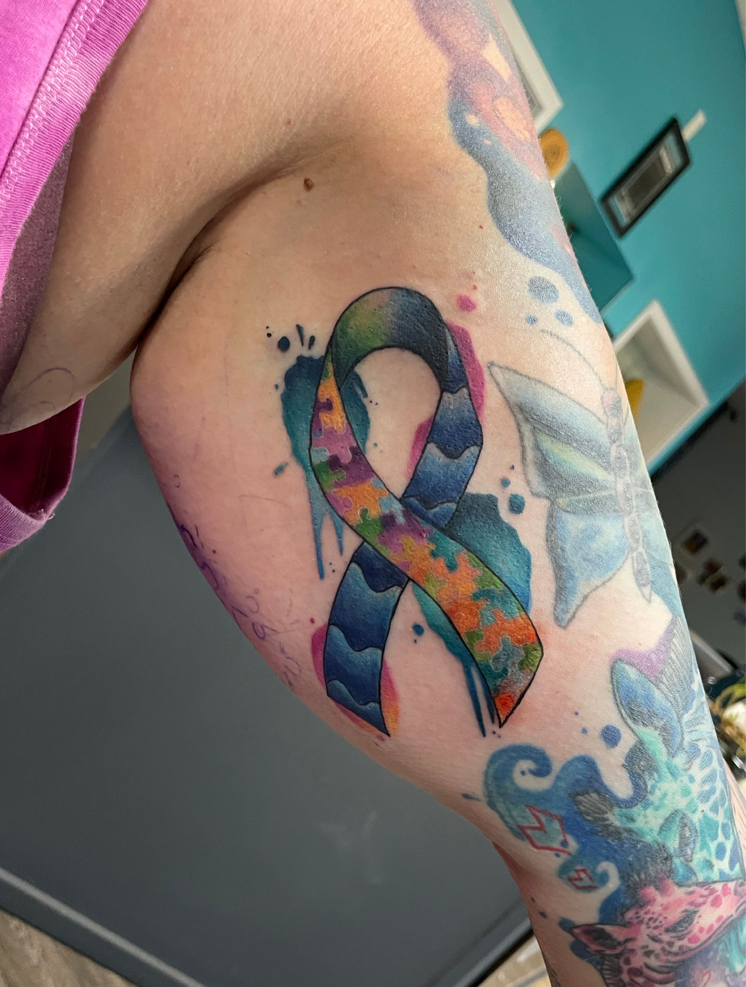 Tattoo uploaded by Hannah • Autism ribbon and a bit more. All the colors for her kids- autism, sensory, bipolar, depression. • Tattoodo