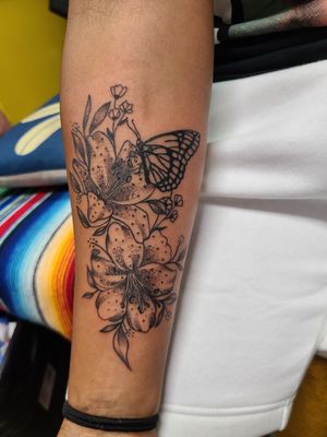 Lilies and butterfly black amd grey
