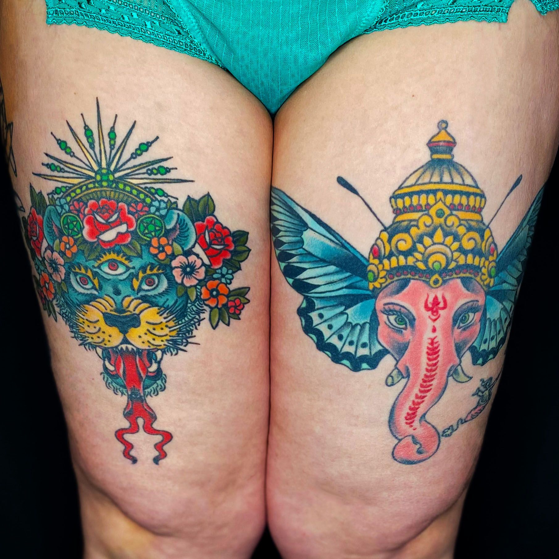Grey Ganesha Tattoo On Thigh - Tattoos Designs