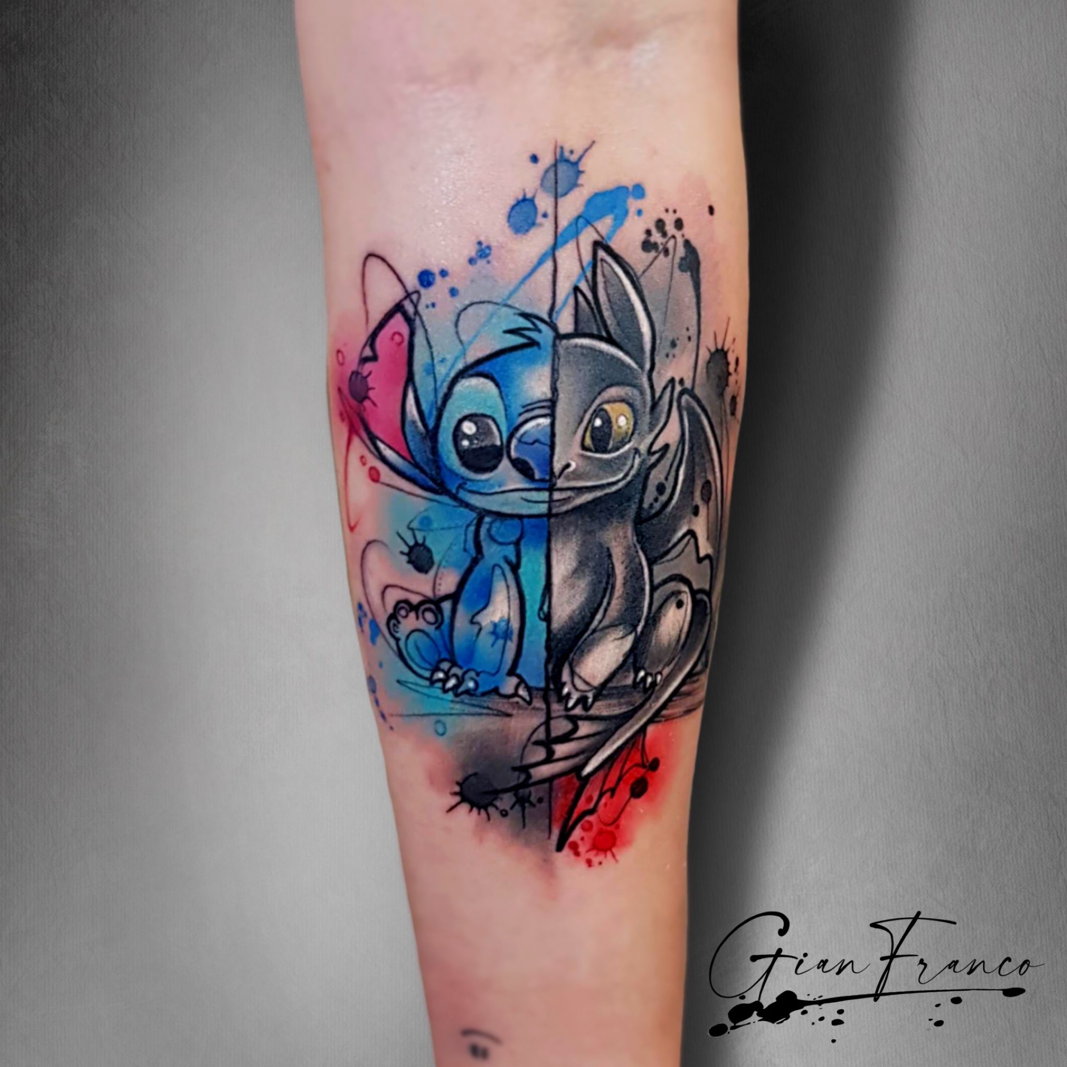 toothless and lilo colour small tattoo lilo stitchhow to train your dragon  kamloops dollys skin art  Stitch tattoo Disney tattoos Lilo and stitch  tattoo