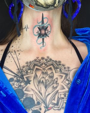 Fresh 'Glitter Method' throat tattoo. Crocus and mandala 5+ years healed. Black circles are not my work. 