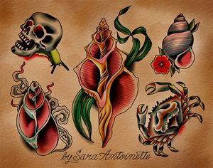 Sea shell  flash sheet.   All of these are one-off tattoos. Once I tattoo something off a flash sheet - I don't tattoo it again, but I am more then happy to draw up something similar.  Half of these designs have been tattooed.  