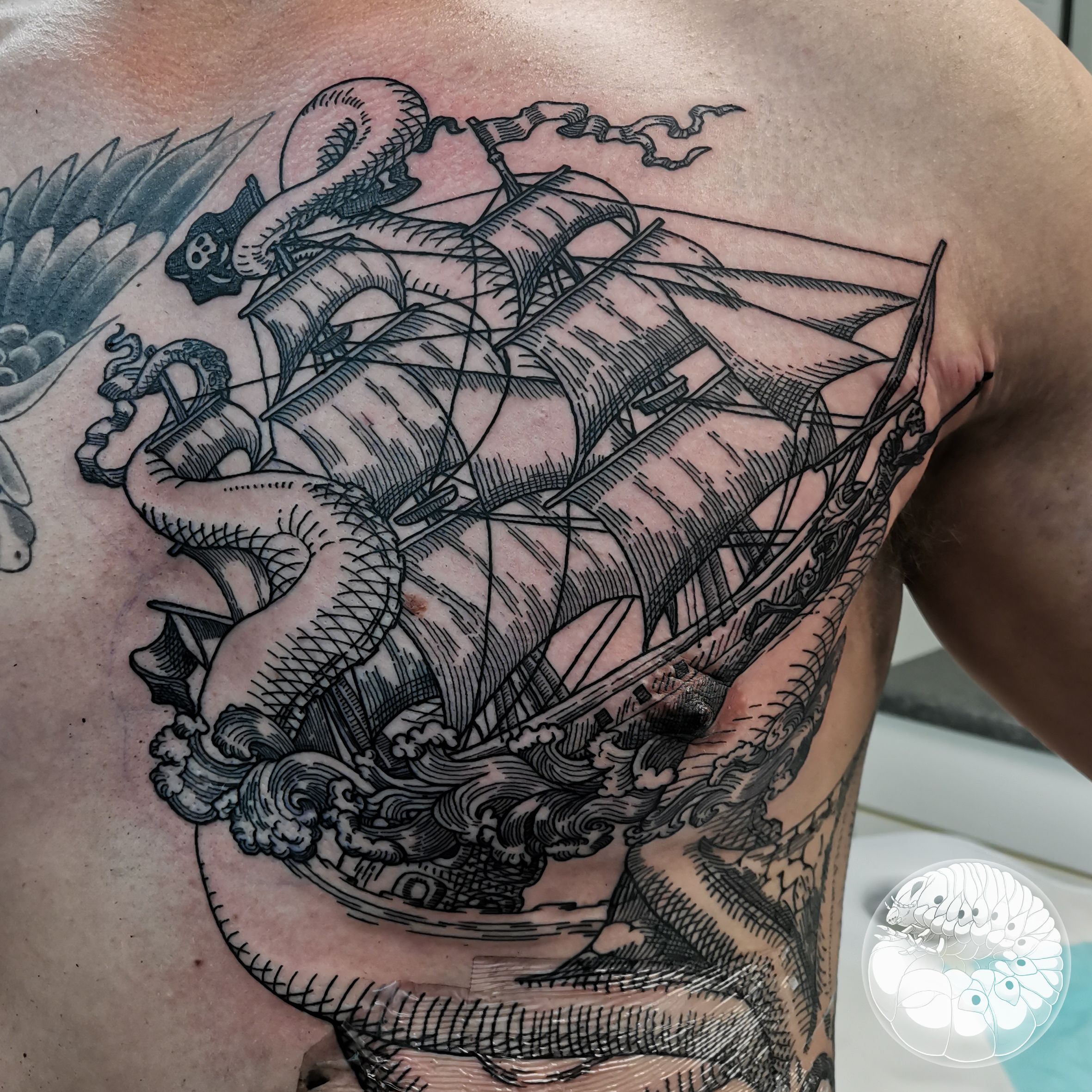 Kraken Attacking Ship Tattoo On Right Shoulder By Kenneth Bryan