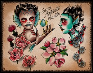 Fish people and flowers.  All of these are one-off tattoos. Once I tattoo something off a flash sheet - I don't tattoo it again, but I am more than happy to draw up something similar.  Only half of these designs have been claimed.  