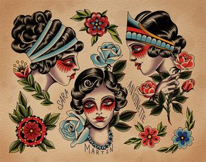 Bunch-o-heads looking for homes.  All of these are one-off tattoos. Once I tattoo something off a flash sheet - I don't tattoo it again, but I am more than happy to draw up something similar.  All of the lady designs are at least hand size.  The flowers are scalable.   Prints available at WWW.SKELECORE.COM