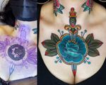 Cover ups always work better when a client is willing to go BIG. Big blue rose with a dagger through it. 