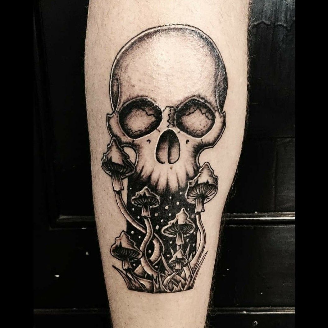 Skull and Mushrooms Tattoo by David Vallejo TattooNOW