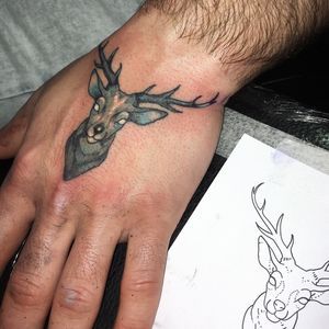 Elegant fine line tattoo of a deer with majestic antlers, beautifully designed by Frankie Brown.