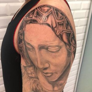 We Finally got around to do more on this piece. Free handed the top Cathedral window. Can’t wait to finish Mother Mary’s face. Thank you Kevin. . . . #sabongtattooclub #tattoo #shop #ink #milton #halton #gta #mississauga #oakville #burlington #georgetown #toronto #vaughn #tattooart #style #tattoolife #instatattoo #art #blackandgrey #miltonstrong #stc #wip #mary #shouldertatt